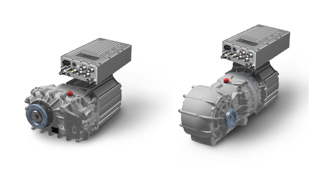 Left: 120kW drive unit consisting of inverter, motor and gearbox. Maximum speed at output 3090rpm. Maximum torque at output 1360Nm, right: 68kW drive unit consisting of inverter, motor and gearbox with differential. Maximum output speed 480rpm. Maximum torque at output 4800Nm.